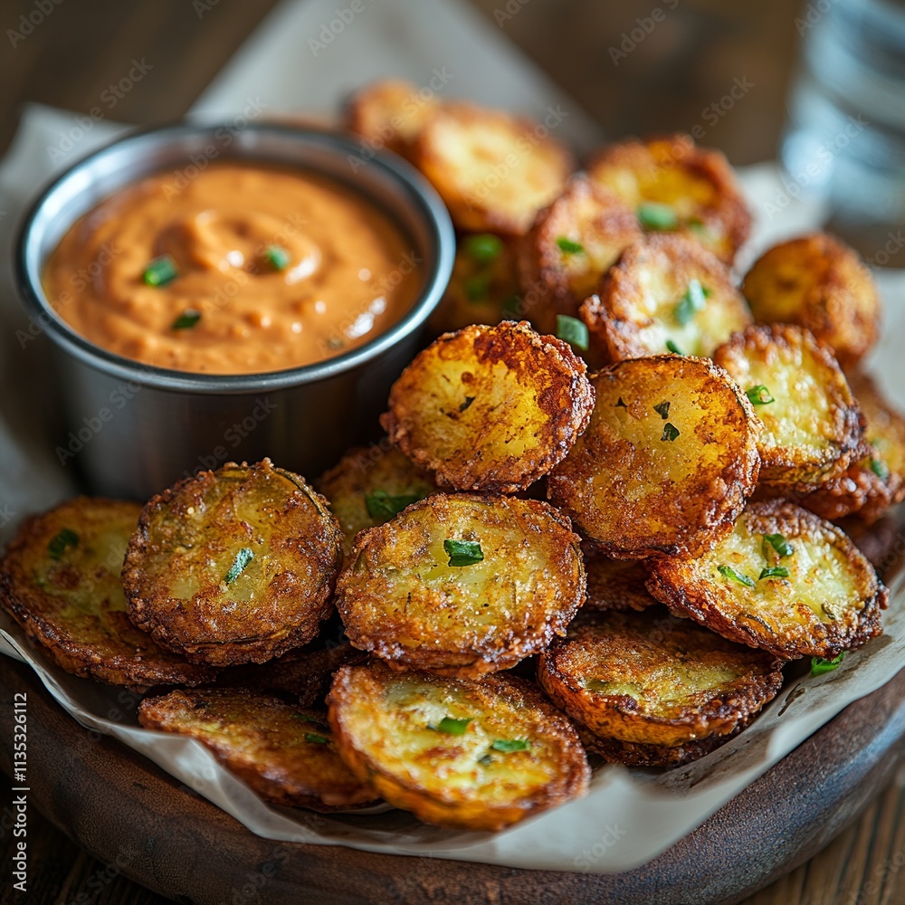 This professional photo showcases fried pickles on a stylish plate, highlighting their golden-brown crust and tangy taste, embodying a relaxed pub atmosphere with a dipping sauce.

