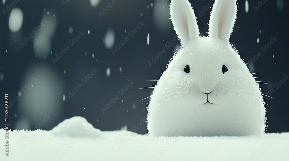 A white rabbit is depicted in the snow with its head turned towards the camera A white rabbit is depicted in the snow with its head turned towards the camera