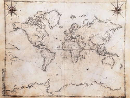 Wallpaper Mural Antique world map illustration with detailed continents and compass roses. Torontodigital.ca