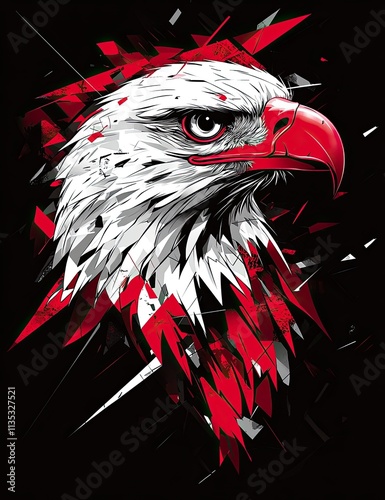 Vector design of an eagle head, in a red and white color scheme on a black background, in a vector art style, with bold lines, photo