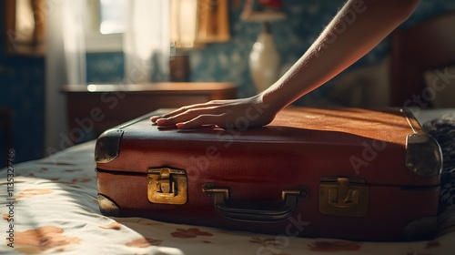 Wallpaper Mural A hand rests gently on a vintage suitcase Torontodigital.ca