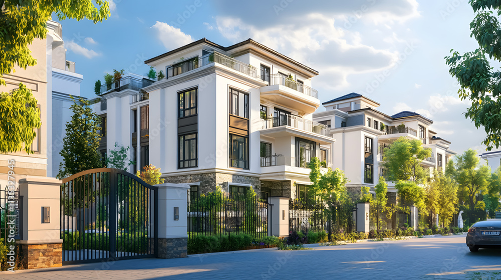 Fototapeta premium Apartment complex featuring residential buildings with gated access.