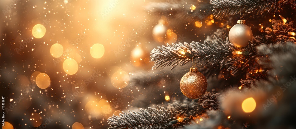 Festive Christmas tree with gold and silver ornaments, sparkling lights, and falling snow. Festive Christmas tree with gold and silver ornaments, sparkling lights, and falling snow.