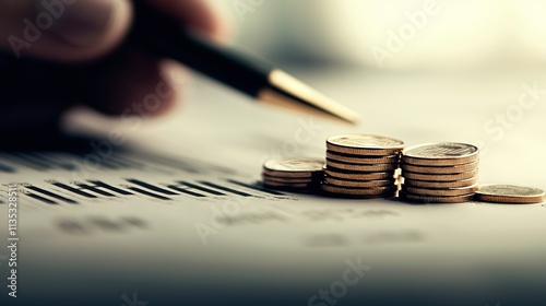   A group of coins atop a mound of coins alongside a pen positioned above a sheet of paper photo