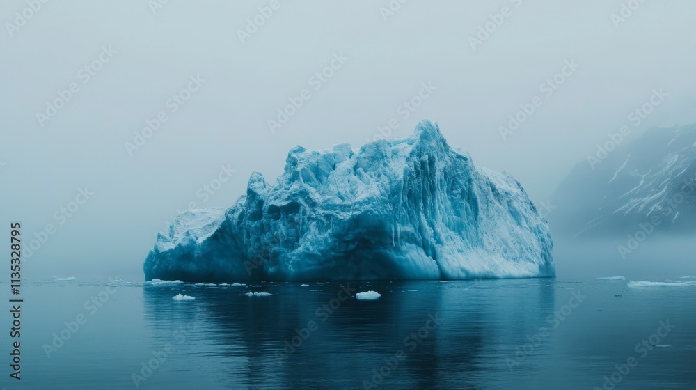 Minimalistic view of a massive blue iceberg afloat in calm, mist-covered waters, creating a tranquil and mysterious atmosphere, highlighting the beauty of polar landscapes.. AI Generation Minimalistic view of a massive blue iceberg afloat in calm, mist-covered waters, creating a tranquil and mysterious atmosphere, highlighting the beauty of polar landscapes.. AI Generation