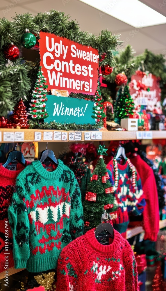 Naklejka premium Festive Retail Display of Ugly Sweater Contest Winners for Holiday Decor Inspiration