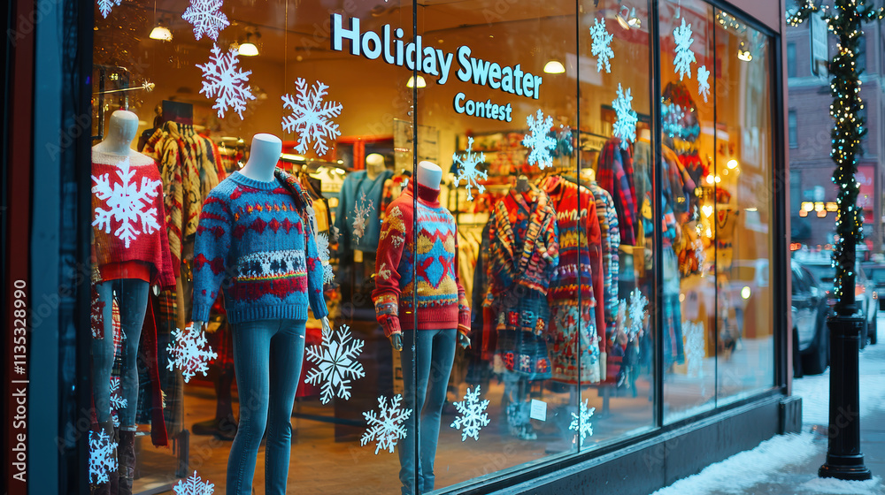 Holiday Ugly Sweater Contest Display with Festive Mannequins and Snowflake Decor for Seasonal Marketing Holiday Ugly Sweater Contest Display with Festive Mannequins and Snowflake Decor for Seasonal Marketing