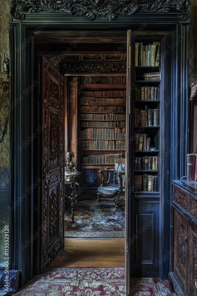 Ornate doorway reveals antique library, books, chair.