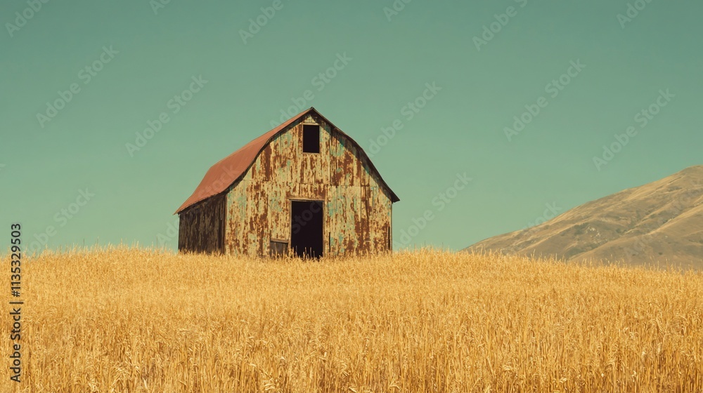 Obraz premium Rustic barn on golden wheat field under clear sky.