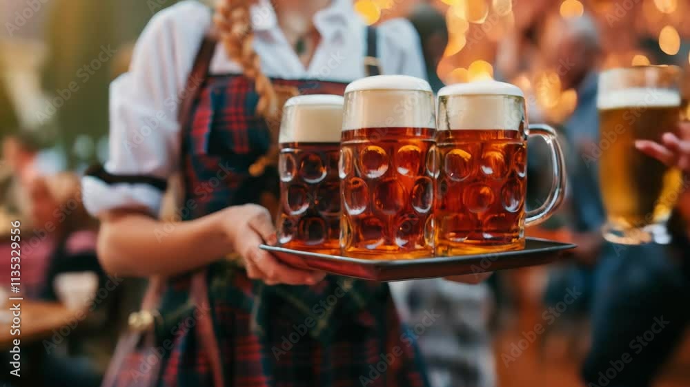 A server in a traditional dirndl carries a tray of three full beer steins, ready to serve thirsty patrons at a festive outdoor event. Concept of beer service at a lively festival.
A server in a traditional dirndl carries a tray of three full beer steins, ready to serve thirsty patrons at a festive outdoor event. Concept of beer service at a lively festival.