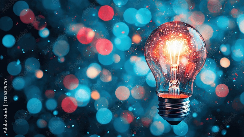   A focused shot of a lone light bulb against a hazy background featuring shades of blue, red, and pink