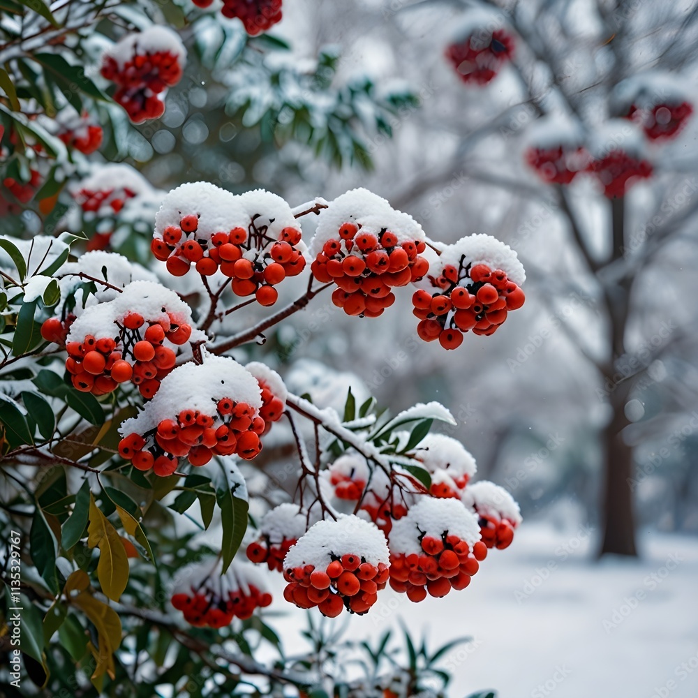 Rowan tree in snow. beautiful winter landscape with snowy bunches of Red rowan berries. winter scene with frozen trees, natural abstract background. winter festive season. cold frozen Generative AI Rowan tree in snow. beautiful winter landscape with snowy bunches of Red rowan berries. winter scene with frozen trees, natural abstract background. winter festive season. cold frozen Generative AI