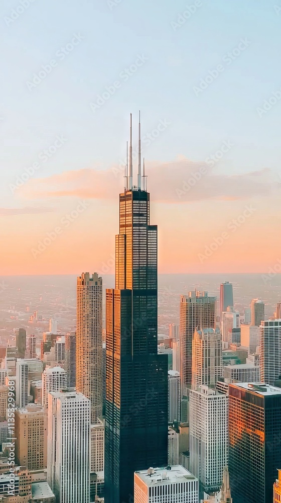 Fototapeta premium Chicago Skyline Golden Hour Skyscraper Panorama