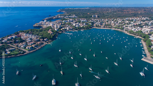 Aerial view of the anchorage in a sheltered bay
