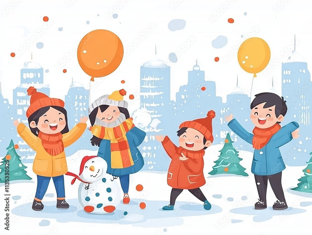 Fototapeta premium Children playing in the snow, building a snowman with balloons in winter.