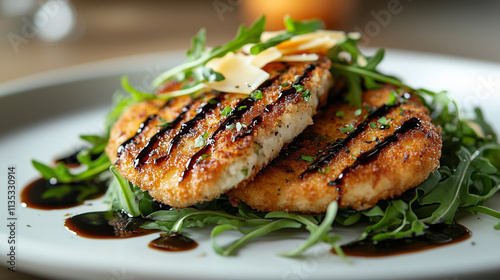 Grilled schnitzel on arugula with balsamic glaze