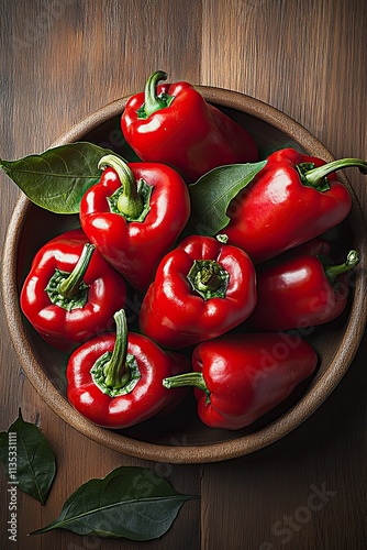 https://s.mj.run/uh5i952h0Lw Red peppers in a wooden bowl on a table, top view, high-resolution photography, high-quality photorealistic stock photo. A close-up of red chili peppers placed inside a sm photo