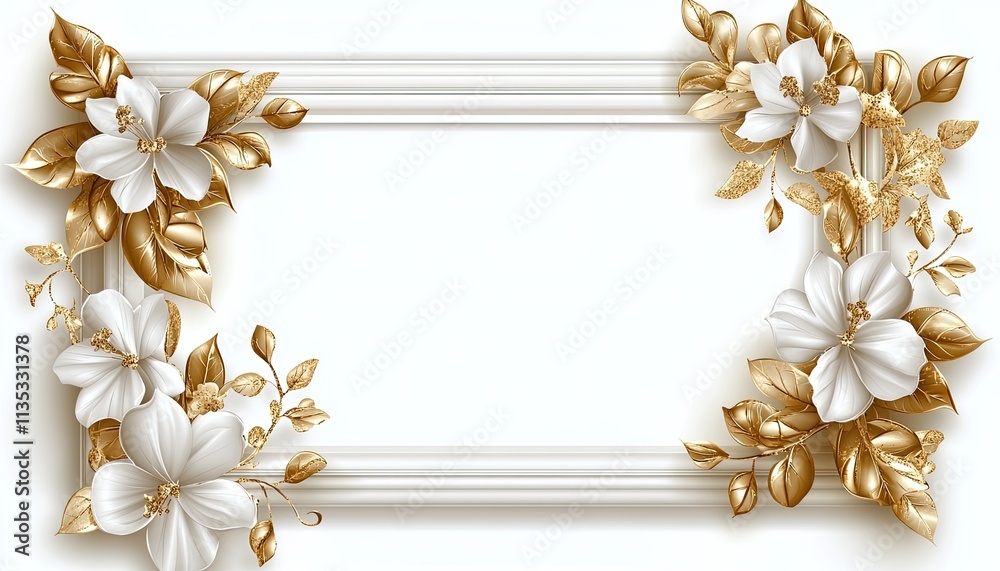 beautiful white rectangular frame with golden leaves and decorative elements on the edges, beautiful white rectangular frame with golden leaves and decorative elements on the edges,