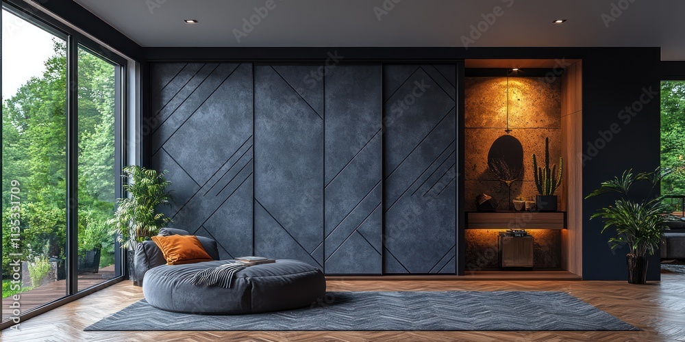 Modern minimalist living room with large windows, dark gray sliding doors, and a round gray ottoman. Modern minimalist living room with large windows, dark gray sliding doors, and a round gray ottoman.