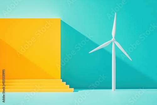 Modern minimalist wind turbine against vibrant geometric background featuring bright yellow steps and turquoise wall with bold shadows