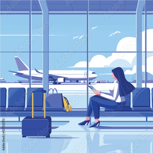 Illustration of a woman at the airport, animation and motion graphics in vector format