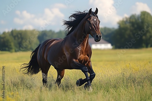 Brown horse running across lush green pasture mane flying in the wind summer day on the farm