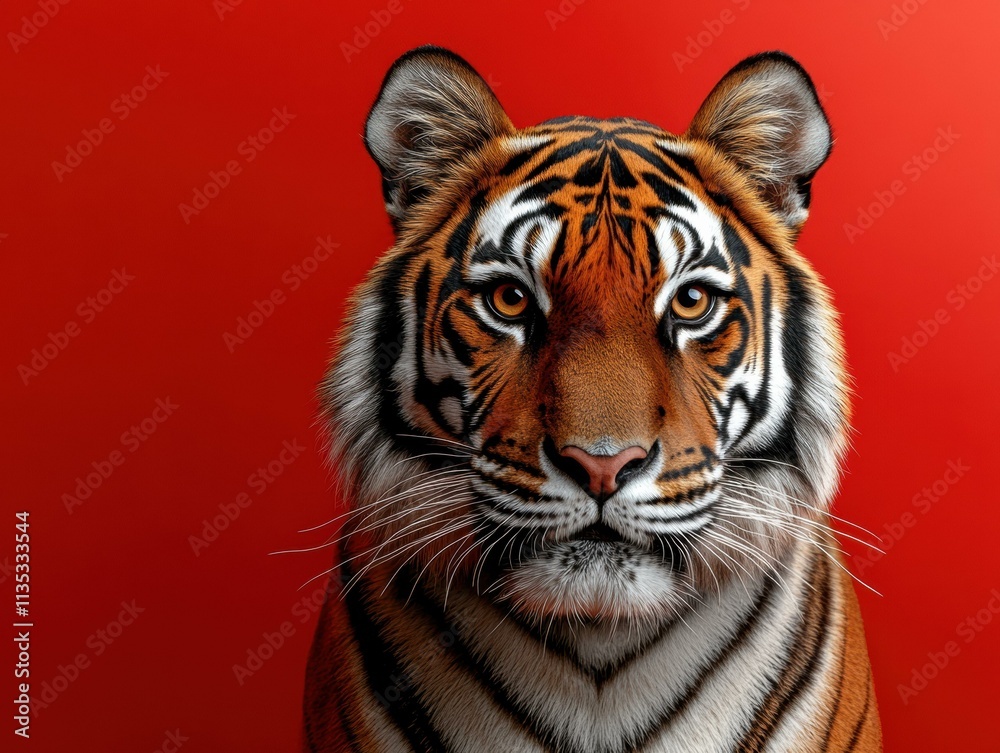 Fototapeta premium Majestic tiger portrait against a red background. AI.