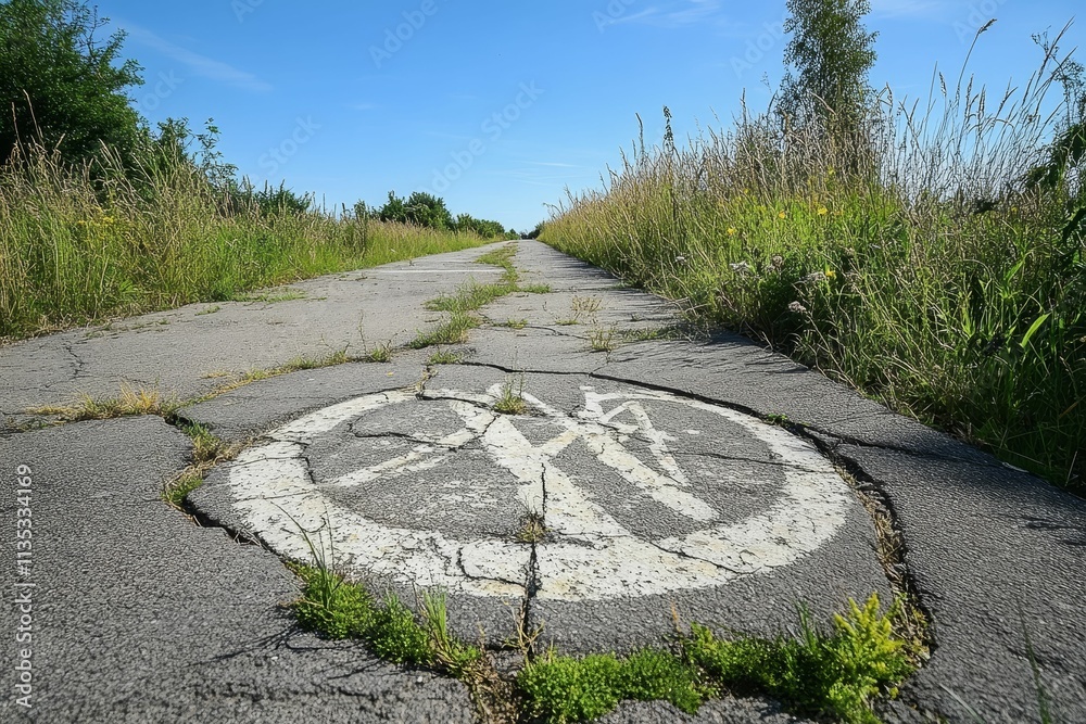 Cracked asphalt path, faded markings, overgrown vegetation. Cracked asphalt path, faded markings, overgrown vegetation.
