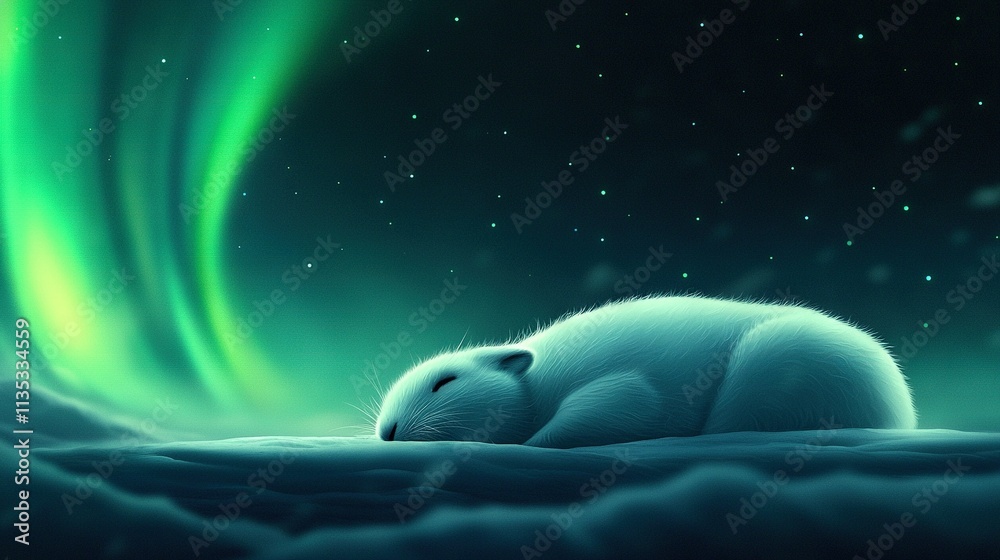 Naklejka premium A polar bear rests amidst snow while auroras light up the backdrop A polar bear stands in the foreground