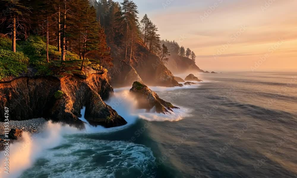 Coastal landscape with cliffs, pine trees, and ocean waves during sunset