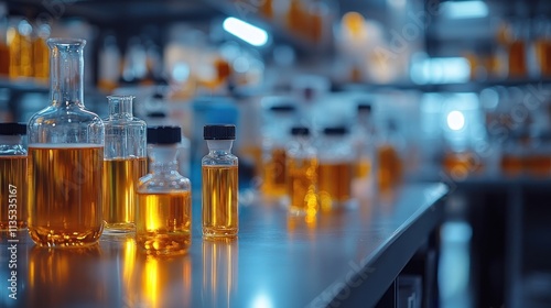 Amber liquid samples in glass bottles on a lab bench.