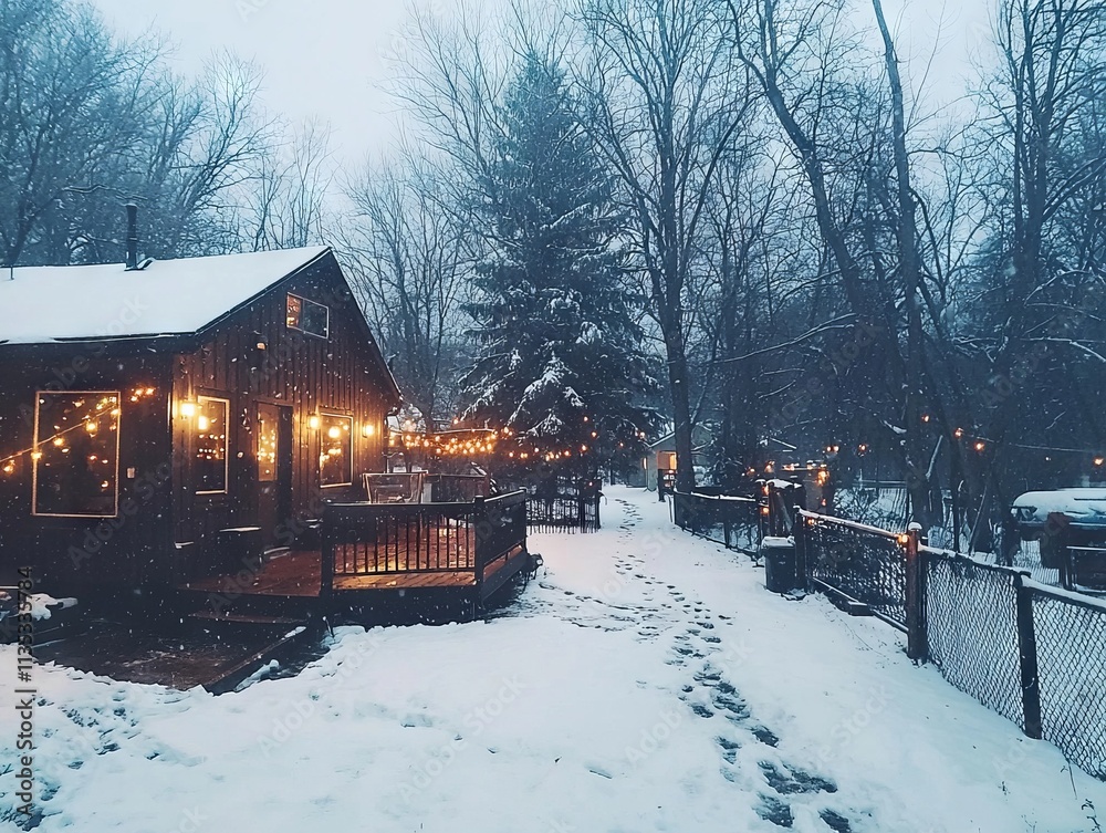 Naklejka premium Cozy cabin in a snowy landscape adorned with warm lights.
