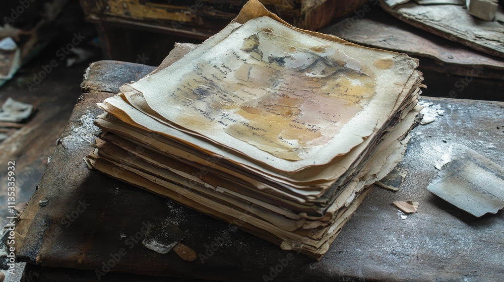 Obraz premium Damaged papers, aged, stacked, writings, surface.