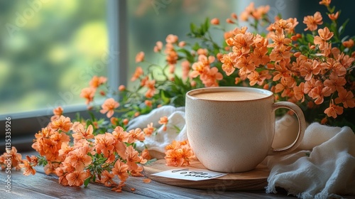 Wallpaper Mural A cozy scene featuring a cup of coffee surrounded by vibrant orange flowers. Torontodigital.ca