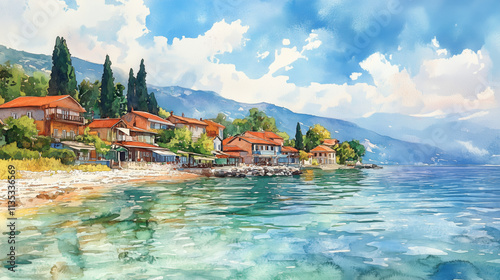 A cute watercolor lake with with a beautiful view and cozy houses on the shore

