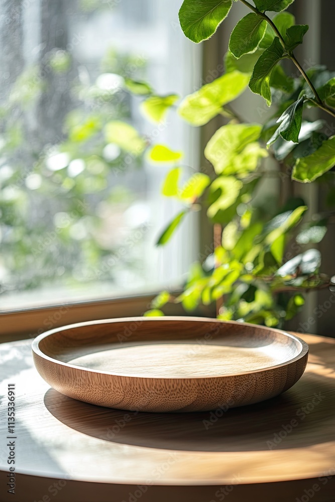 A round wooden plate on a table, product photography in a modern interior with a window in the background, green leaves, soft lighting, warm tones, minimalist style, a close-up shot with a shallow dep A round wooden plate on a table, product photography in a modern interior with a window in the background, green leaves, soft lighting, warm tones, minimalist style, a close-up shot with a shallow dep