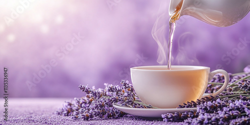 Pouring hot tea into a cup against a lavender-colored background, evoking a calming and traditional tea-drinking ceremony.