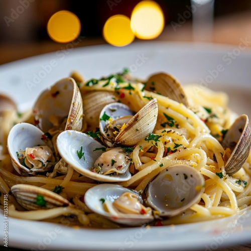 A mouthwatering plate of Italian spaghetti alle vongole, pasta with fresh clams, garlic photo