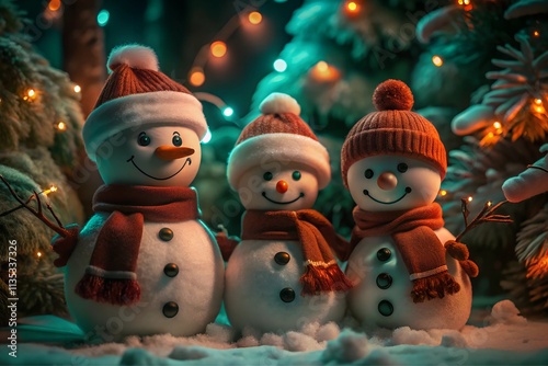 Cute snowmen wearing winter hats in front of snowy landscape