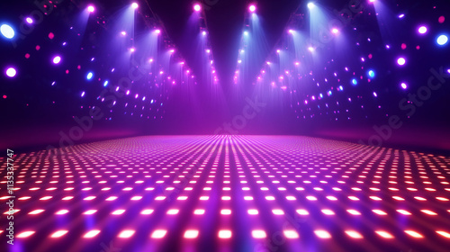 illuminated dance floor with vibrant pink and purple spotlights and dotted light patterns creating an energetic and futuristic party atmosphere