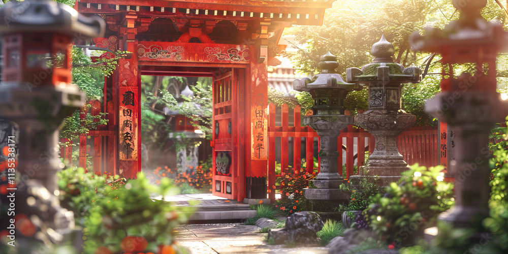 Fototapeta premium Japanese Garden with Red Torii Gate and Stone Lanterns