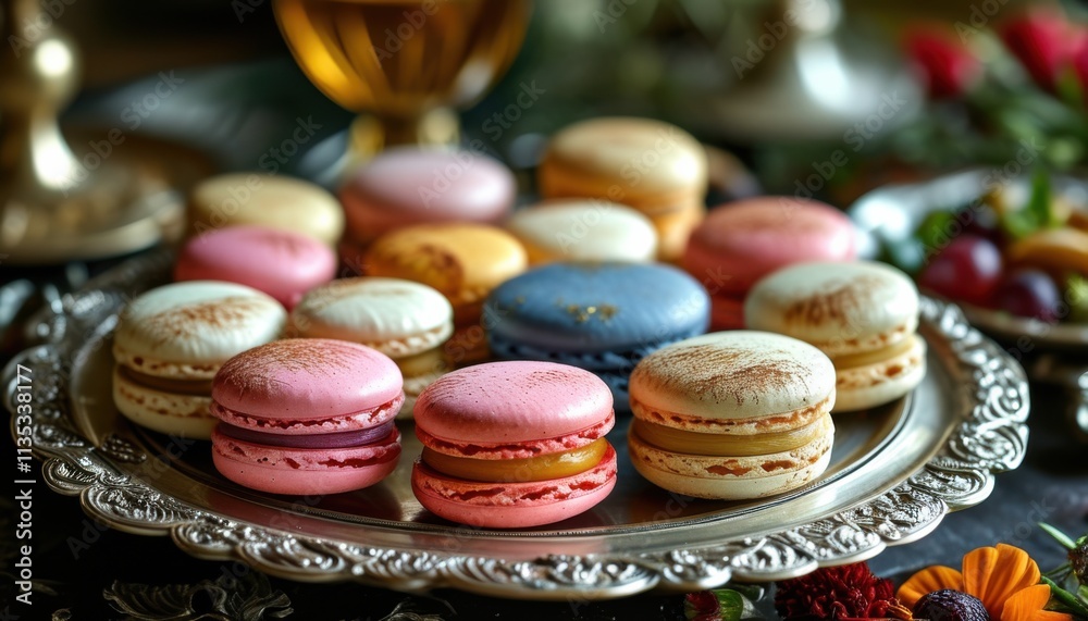 Elegant Assorted Macarons on a Silver Platter Elegant Assorted Macarons on a Silver Platter
