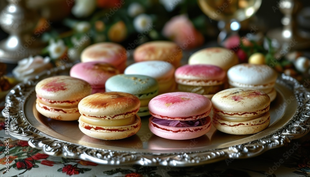Fototapeta premium Luxurious Macaron Display on Ornate Serving Tray