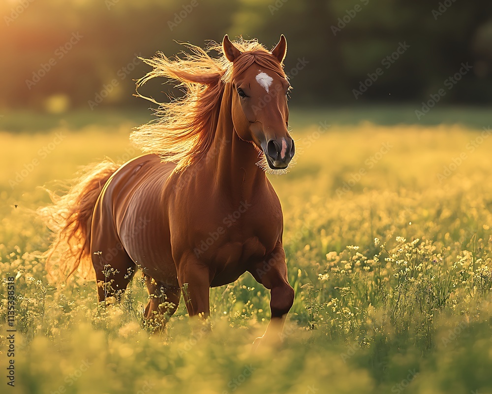 Obraz premium Brown mare cantering across lush green field sunlight catching its mane vibrant farm scene