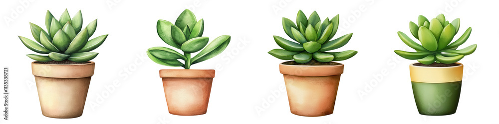 Potted succulent plants in decorative pots, showcasing vibrant greenery, isolated on transparent background. Potted succulent plants in decorative pots, showcasing vibrant greenery, isolated on transparent background.