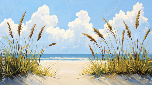   A beautiful painting of a beach setting featuring sea oats in the foreground and a captivating blue sky with cloud formations in the backdrop