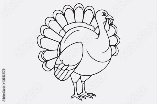 A black and white line art illustration of a turkey standing upright.