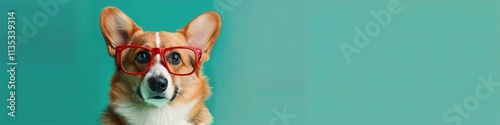 : A curious Corgi with bold, red-framed glasses, sitting cheerfully against a solid green background. The glasses add a lively and energetic vibe to the dog???s look.
