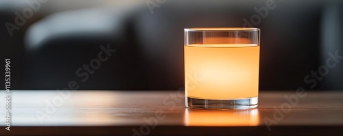 A glowing glass of whiskey on a mahogany table, promoting indulgence, classic refinement