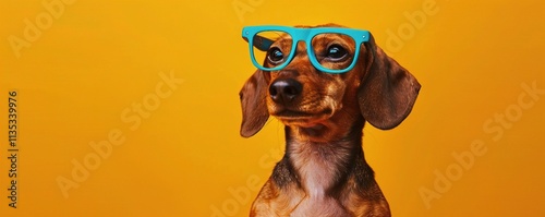 : A curious Dachshund wearing small, blue glasses, sitting attentively against a solid orange background. The glasses give the dog a focused and thoughtful expression.